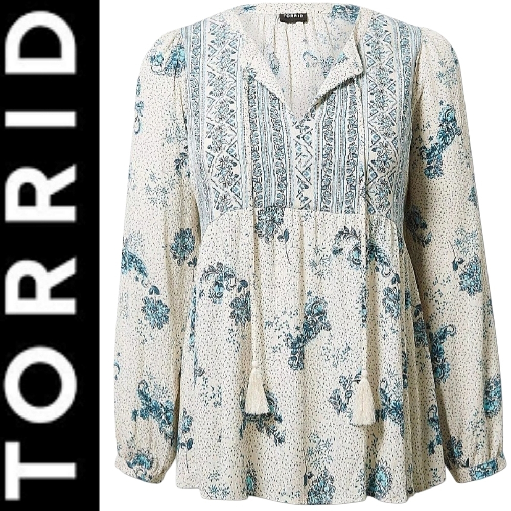 Torrid Gauze Blouse Boho Scoop Neck Long Sleeve Plus Size